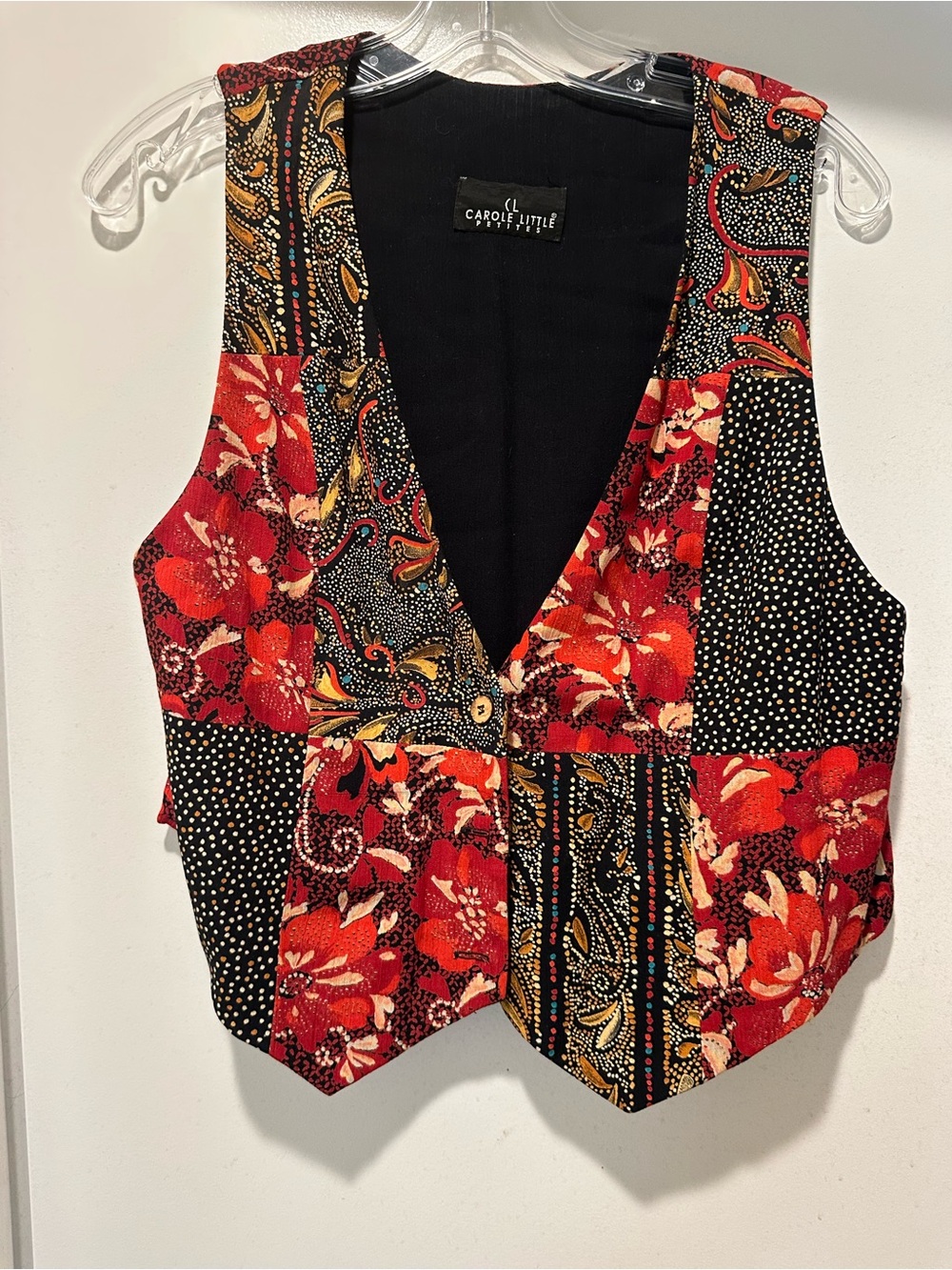 Vintage Carole Little Red and Black Floral Patchwork V-Neck Vest Size Small